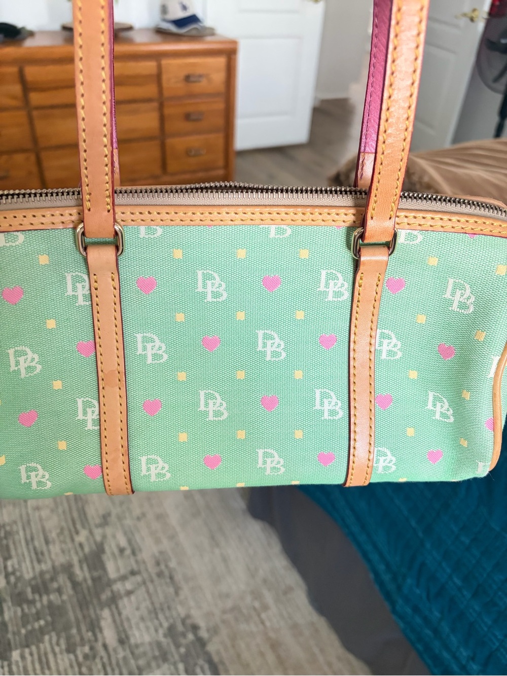 Dooney & Bourke Mint Canvas Shoulder Bag with Pink Hearts